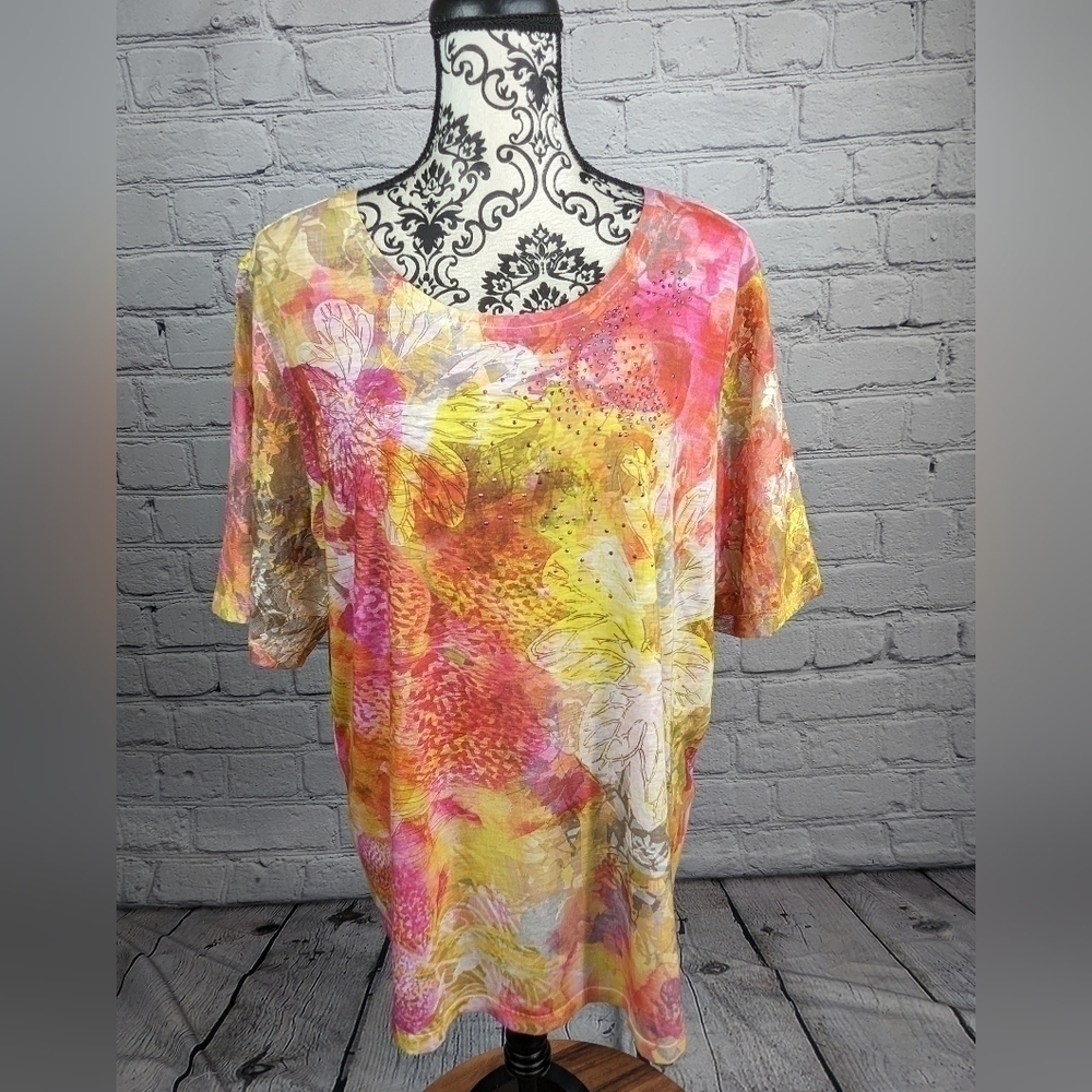 CJ Banks women's stretch knit 2x top floral print beaded front lace sleeves bb16